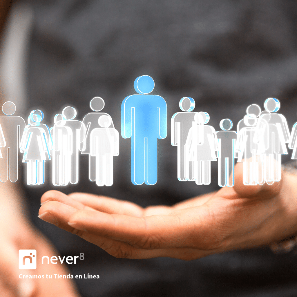 Hands holding digital icons of human figures, representing segmentation and audience analysis. Never8, an e-commerce agency, can support you in customer profiling and content personalization through in-depth data analysis for an effective segmentation strategy.