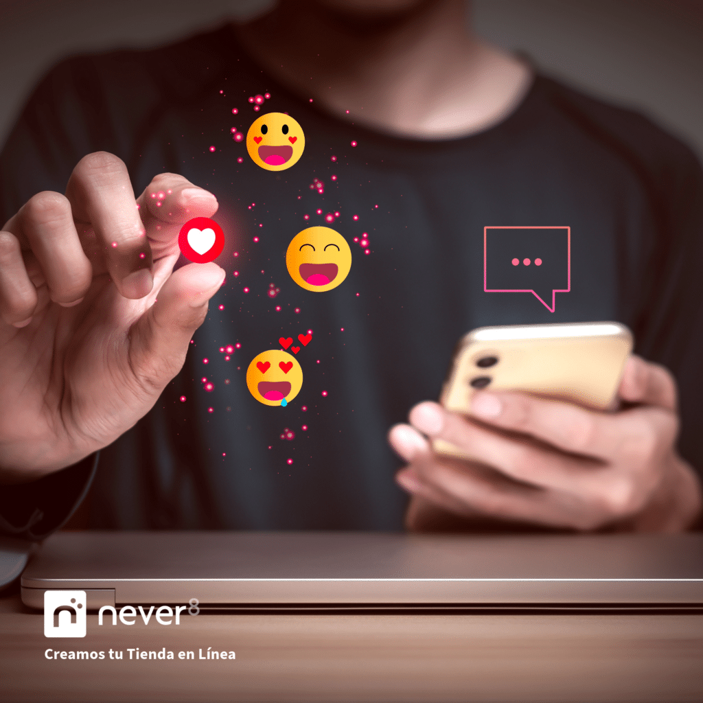 Person using a smartphone with emojis of positive reactions floating around, representing social media interactions. Never8, an e-commerce agency, can support you with quality content strategies, paid advertising and active interaction to strengthen the connection with your followers.