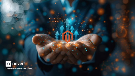 A pair of hands holds a hologram with ascending arrows and the Magento logo, symbolizing growth and performance improvement. The image reflects how specialized Magento support implements technical solutions that increase speed and optimize the user experience. Never8 ensures your online store runs smoothly, improving customer satisfaction and maximizing sales in a competitive digital environment.