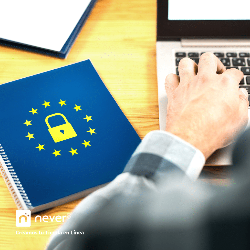 Cuaderno azul con un símbolo de candado rodeado por las estrellas de la Unión Europea, representando el cumplimiento con la normativa GDPR. La imagen destaca la importancia de que las agencias de comercio electrónico, como Never8, garanticen la adaptación continua a normativas internacionales y locales. Refleja también la necesidad de auditorías periódicas de seguridad y la actualización proactiva ante nuevas regulaciones, asegurando que la tienda en línea opere sin riesgos legales ni cibernéticos.