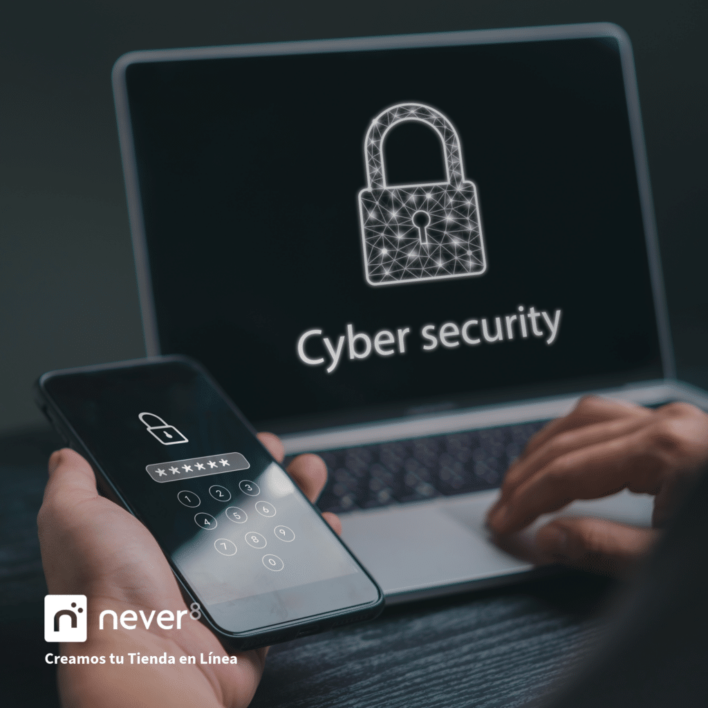 Un usuario interactúa simultáneamente con un teléfono y una laptop, ambos mostrando íconos de seguridad. La imagen representa la implementación de sistemas avanzados de autenticación en Adobe Commerce, incluyendo el uso de reCAPTCHA y autenticación de dos factores para prevenir accesos no autorizados. También refleja la gestión de roles y permisos para controlar el acceso interno y la autenticación segura de clientes para proteger datos personales y de pago. Never8 ofrece estas soluciones para reforzar la seguridad y confianza en la tienda en línea.