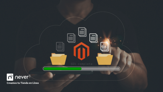 A user interacting with a tablet, while an upload process with the Magento logo and cloud files is displayed on the screen. The image symbolizes the Magento migration process, highlighting how a specialized ecommerce agency like Never8 can transform this technical challenge into a smooth and optimized process, ensuring a smooth and efficient migration.