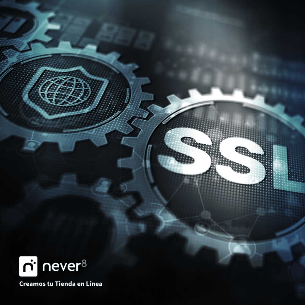 Engranajes interconectados que muestran un escudo de seguridad y el texto 'SSL', simbolizando la importancia de los certificados de seguridad para ganar la confianza del cliente. La imagen refleja cómo Never8 implementa certificados SSL actualizados para asegurar las transacciones, además de políticas de privacidad claras que refuerzan la transparencia en el manejo de datos. Las estrategias de fidelización basadas en seguridad garantizan que los clientes se sientan protegidos y prefieran realizar compras en tiendas que priorizan la protección de su información.