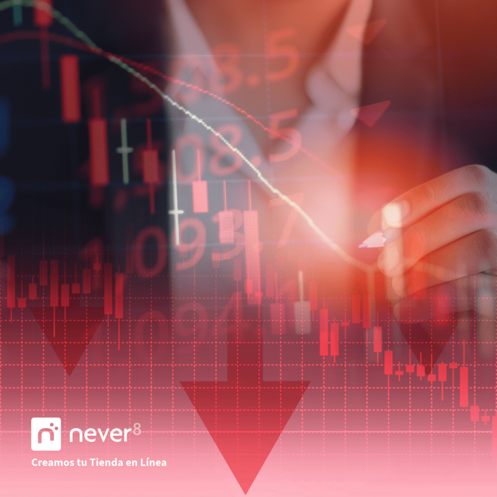 Gráfico financiero con una tendencia descendente y flechas rojas apuntando hacia abajo, representando los riesgos económicos en situaciones críticas. La imagen destaca cómo Never8 implementa medidas para mitigar ataques DDoS, asegurando la continuidad operativa incluso durante campañas de alto tráfico. También refleja la importancia de una rápida restauración ante incidentes, minimizando el tiempo de inactividad, y la asesoría en seguros digitales para ofrecer tranquilidad a los negocios frente a posibles pérdidas.