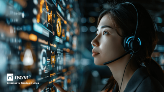 A woman wearing a tech support headset looking at multiple graphs and data on a futuristic screen. The image represents the ability to resolve technical issues in Magento quickly and efficiently. Never8 provides specialized technical support to address common issues on the platform, ensuring that your online store continues to operate without interruption.