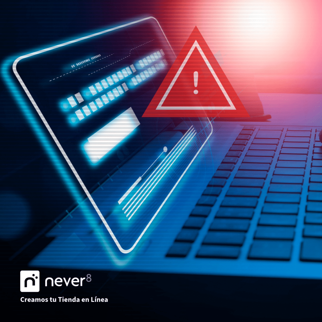 Una pantalla holográfica con un ícono de advertencia triangular en rojo sobre un teclado, simbolizando la protección contra amenazas cibernéticas. La imagen representa el monitoreo constante de vulnerabilidades, la aplicación puntual de parches de seguridad y la realización de pruebas de penetración para detectar y solucionar puntos débiles en la infraestructura. Never8 garantiza la seguridad continua de las tiendas en línea, previniendo accesos no autorizados y protegiendo contra malware.
