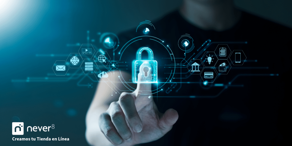 Un usuario tocando un candado holográfico iluminado en una interfaz digital, representando la implementación de seguridad avanzada en plataformas como Adobe Commerce. La imagen ilustra la importancia de una agencia de comercio electrónico especializada para proteger las tiendas en línea contra amenazas cibernéticas. Simboliza cómo Never8 combina medidas preventivas con estrategias proactivas para garantizar operaciones estables y proteger tanto la confianza del cliente como la rentabilidad del negocio.