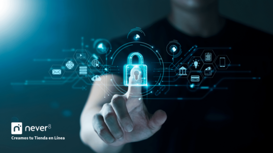 A user touching an illuminated holographic lock on a digital interface, representing the implementation of advanced security on platforms such as Adobe Commerce. The image illustrates the importance of a specialized e-commerce agency to protect online stores against cyber threats. It symbolizes how Never8 combines preventive measures with proactive strategies to ensure stable operations and protect both customer confidence and business profitability.