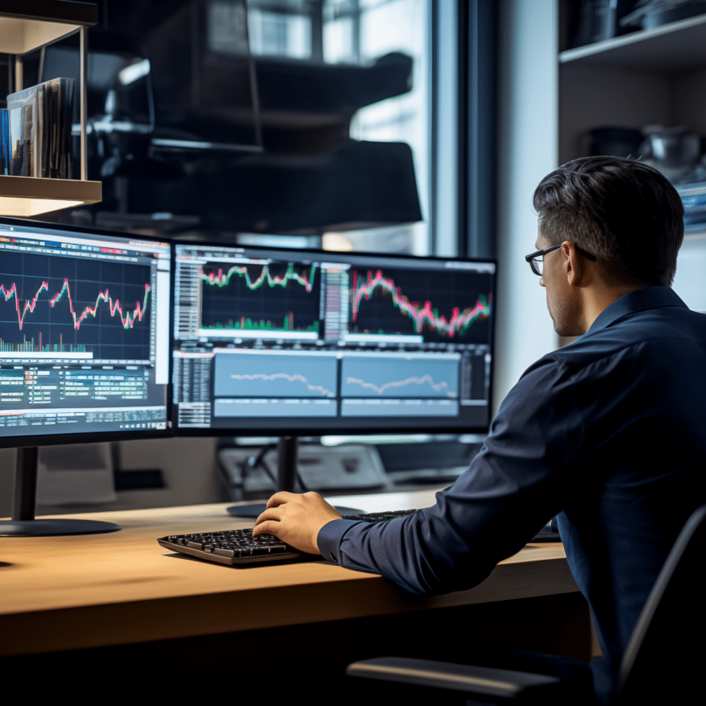 A professional working in front of multiple screens with performance graphs and analytics. Represents Never8's ability to provide fast, real-time solutions to any technical issues that may arise in your Magento store, ensuring that issues are resolved immediately.