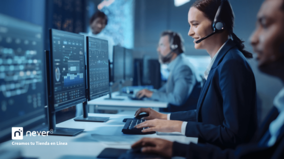 A team of technical support professionals working in front of multiple screens with complex graphics and data. The image represents the importance of having specialized support for Magento, ensuring that any technical issues are resolved quickly and efficiently. Never8 offers comprehensive support to keep your online store running smoothly, regardless of its size or traffic volume.
