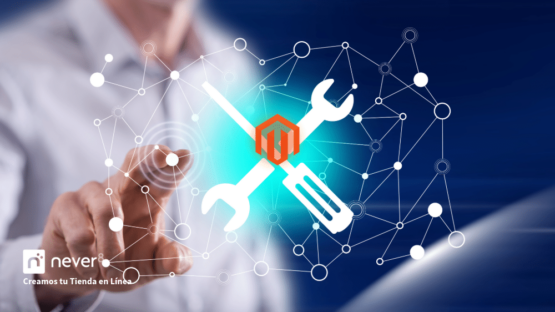 A person interacts with a holographic interface that displays tool icons next to the Magento logo, symbolizing the ability to resolve technical issues quickly. The image reflects how Never8's dedicated support team intervenes in real time to solve critical incidents, from server crashes to module failures. This service ensures that the online store maintains optimal performance and avoids interruptions to the user experience.