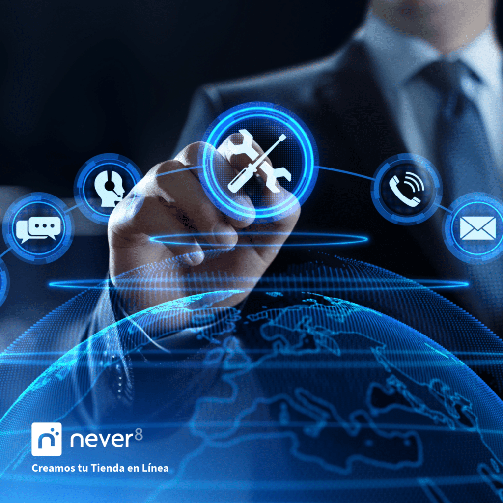 A professional's hand interacting with a digital screen with tool icons, support and communication, representing the benefits of having the support of an eCommerce agency. Never8 offers technical expertise, continuous optimization and advanced solutions with Adobe Commerce to boost your online store.