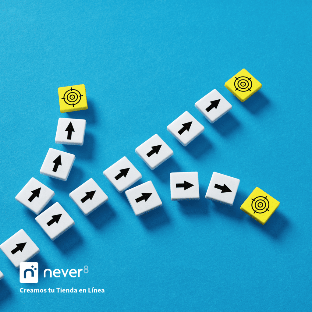 White blocks with arrows and two yellow blocks with target symbols on a blue background, representing the strategy and direction for choosing the right eCommerce agency. Never8, specialist in advanced solutions for online stores, can guide your business to success.