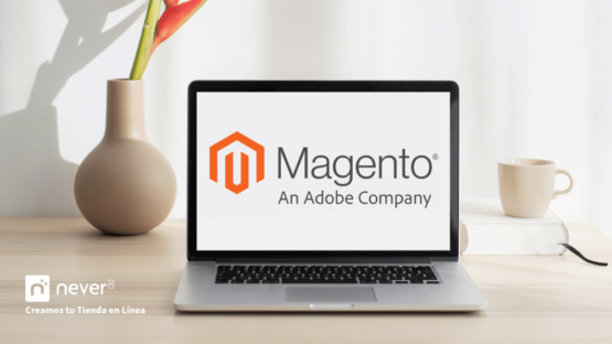 Laptop displaying the logo of Magento, a leading e-commerce platform backed by Adobe. Perfect for businesses looking for customization and scalability, with Never8's expert support to maximize your potential.