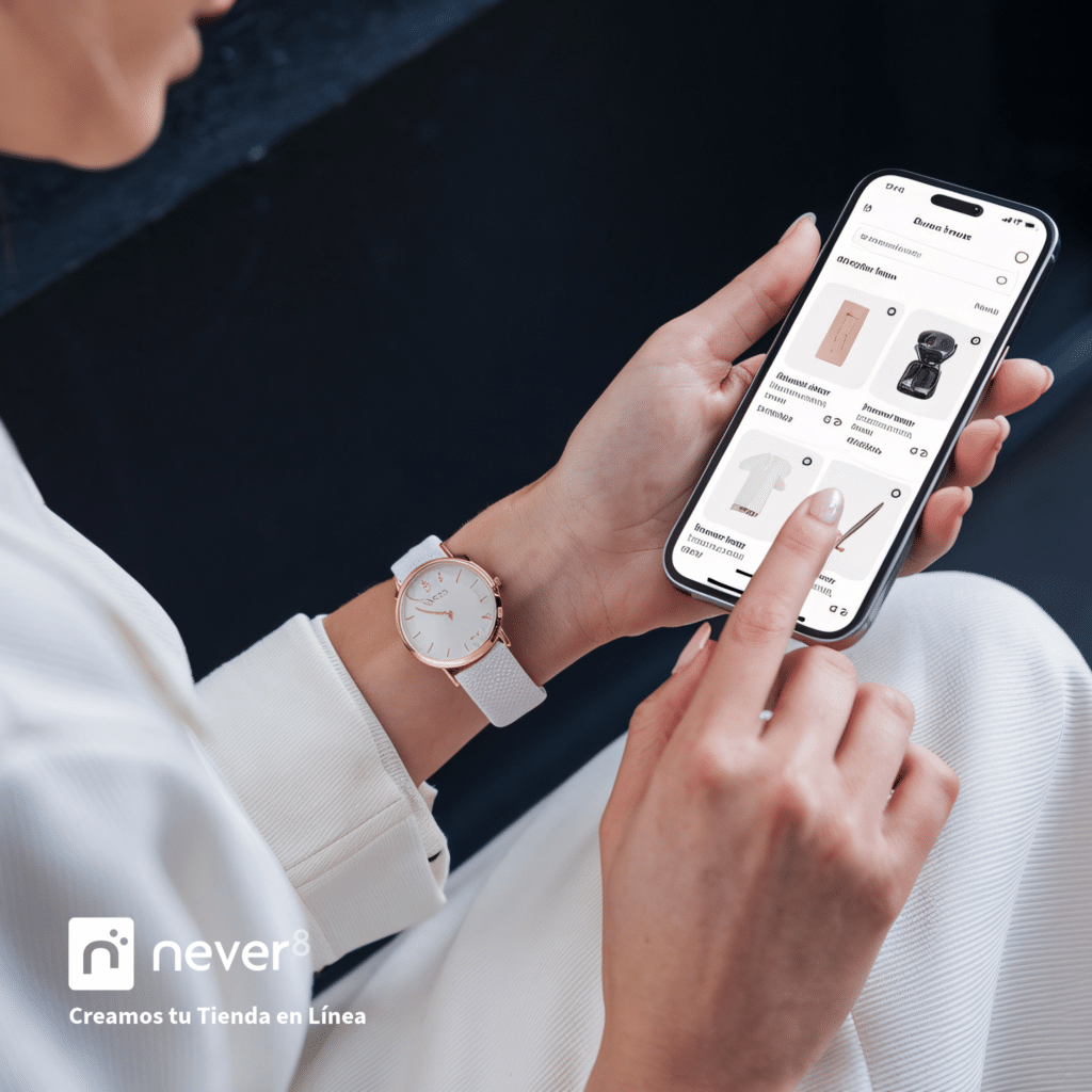 Mujer utilizando un teléfono móvil para navegar en una tienda en línea, representando la creación de un ambiente de tienda personalizado en Adobe Commerce. Never8, como agencia de ecommerce, puede apoyarte en diseñar interacciones personalizadas en cada etapa de compra, adaptando la experiencia a las preferencias del cliente y fomentando la fidelización a través de una experiencia de compra única y adaptada a cada usuario.