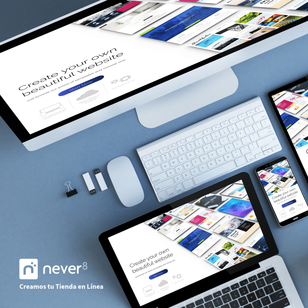 Dispositivos electrónicos mostrando el diseño de un sitio web en diferentes pantallas, desde computadora hasta tablet y móvil, ilustrando la adaptabilidad de la interfaz. Never8, una agencia de ecommerce, puede ayudarte a desarrollar un diseño visual personalizado que refleje la identidad de tu marca, asegurando una experiencia de navegación coherente e intuitiva. Además, optimiza la tienda para dispositivos móviles, garantizando que se vea y funcione bien en cualquier tipo de pantalla.