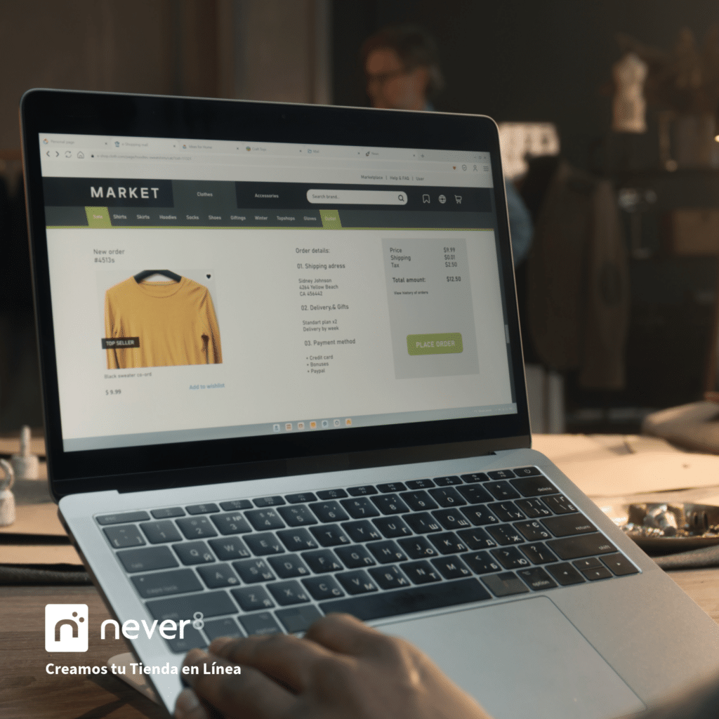 An online store configured on a laptop, displaying a product ready for purchase, symbolizing the launch and promotion of an eCommerce business with SEO, digital advertising and content marketing strategies. Specialized support from Never8.