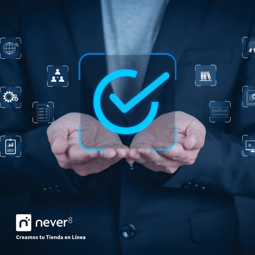 Manos sosteniendo un ícono digital de verificación, representando la importancia de las pruebas en entornos de desarrollo para actualizaciones en Magento Commerce. Never8 realiza simulaciones seguras, detecta y corrige fallos, y revisa integraciones críticas para asegurar el óptimo funcionamiento de la tienda.