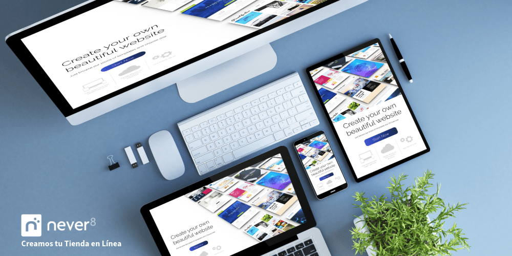 View of electronic devices (computer, tablet, smartphone) showing the design of an online store, representing the web development and optimization services offered by an eCommerce agency like Never8 to enhance the growth and success of your online store.