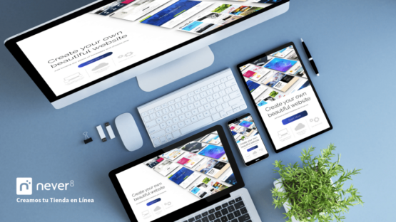 View of electronic devices (computer, tablet, smartphone) showing the design of an online store, representing the web development and optimization services offered by an eCommerce agency like Never8 to enhance the growth and success of your online store.