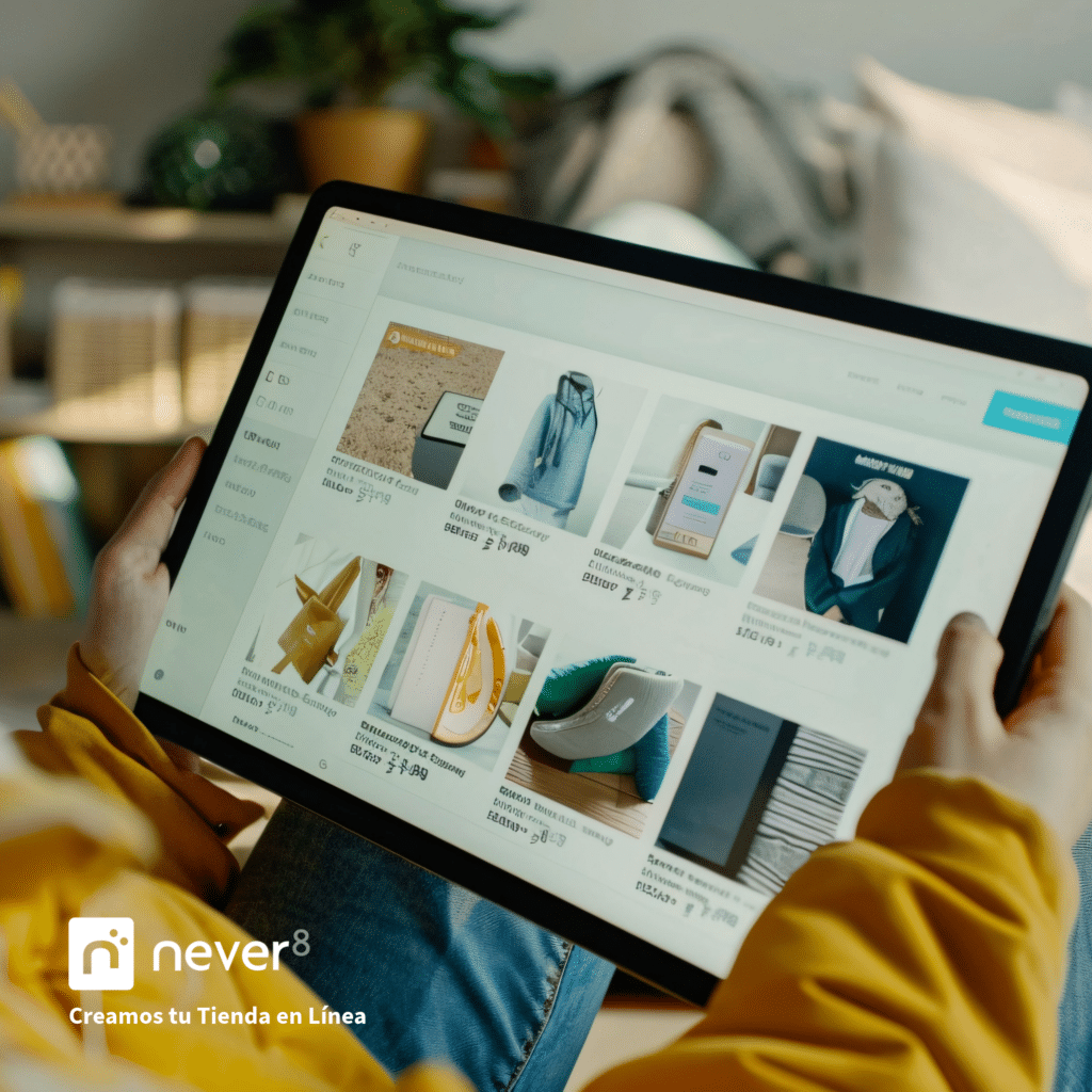 Persona sosteniendo una tablet mientras revisa un catálogo de productos en una tienda en línea, representando recomendaciones personalizadas de productos. Never8, como agencia de ecommerce, puede apoyarte en el análisis de compras y comportamiento de los clientes para mostrar recomendaciones en tiempo real mediante Adobe Commerce, lo cual mejora la tasa de conversión y enriquece la experiencia de usuario.