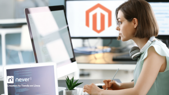 Developer working on upgrading an online store with Magento Commerce interface on the screen, highlighting how Never8 provides specialized technical support to ensure smooth and efficient upgrades.