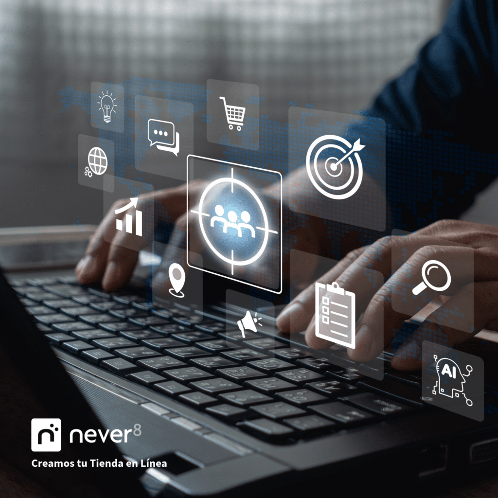 Persona escribiendo en una computadora portátil con íconos digitales de segmentación de mercado y análisis de datos, representando la integración de herramientas de inteligencia artificial en Adobe Commerce. Never8, como agencia de ecommerce, puede apoyarte en implementar IA para anticipar el comportamiento del cliente, realizar recomendaciones avanzadas de productos y mantener una segmentación dinámica de clientes para ofrecer promociones relevantes y personalizadas.