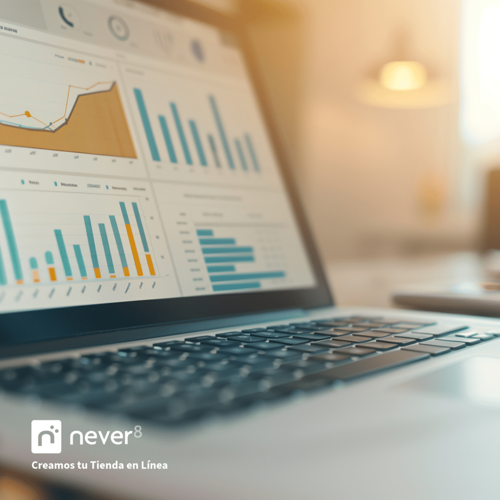 Computer display with sales and traffic graphs and reports, highlighting advanced analytics capabilities in Adobe Commerce. Never8 offers secure and scalable eCommerce solutions to fuel the growth of your online store.
