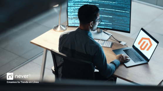 Person working on a computer with the Magento logo on screen, representing the process of setting up an online store with the Magento Ecommerce platform, accompanied by Never8's specialized support.