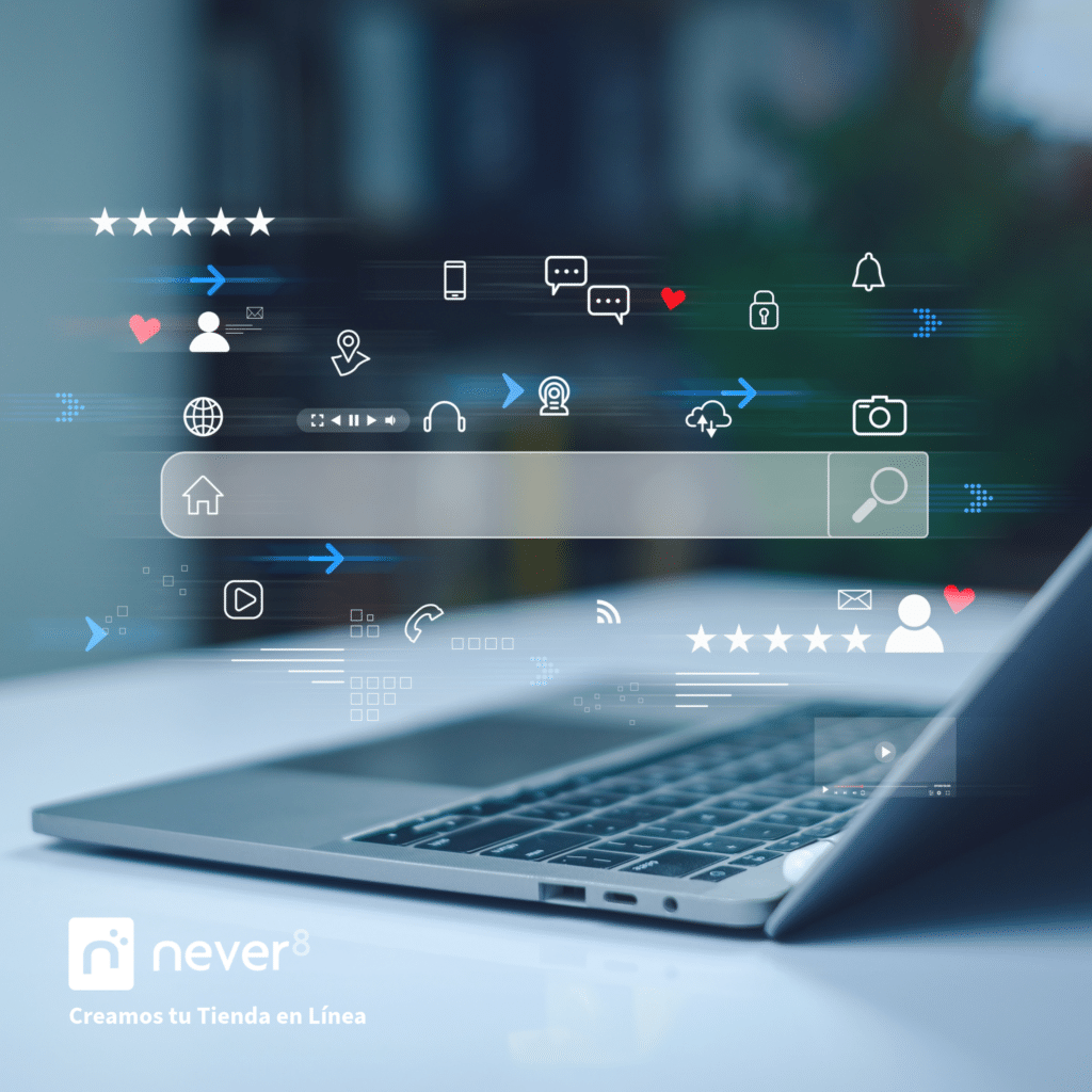 Laptop with floating icons representing advanced search features, personalized recommendations and omni-channel synchronization in Adobe Commerce. Never8 optimizes the customer experience with eCommerce solutions tailored to your business.