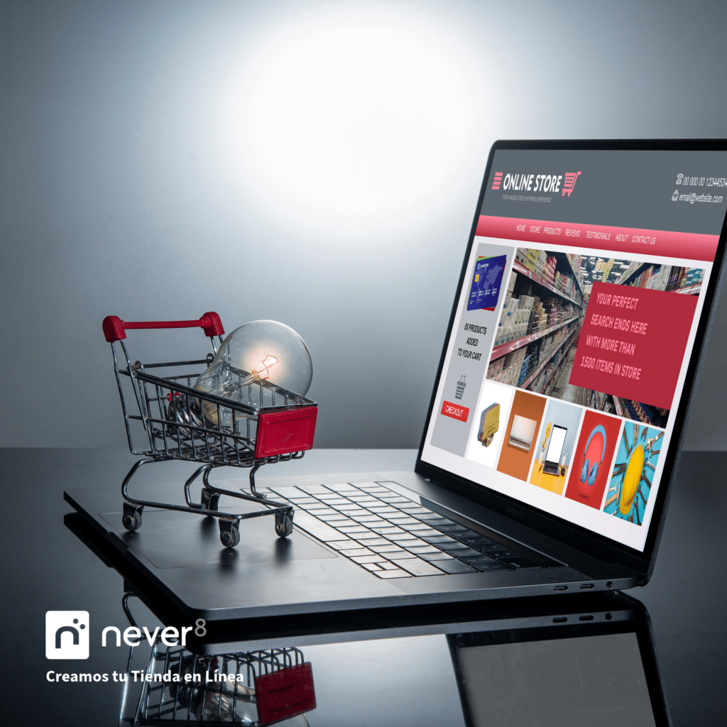 Laptop with an on-screen online store and a miniature shopping cart with a light bulb, symbolizing the innovative and flexible solutions Adobe Commerce offers for setting up and customizing online stores. Never8 powers these tools to optimize your business.