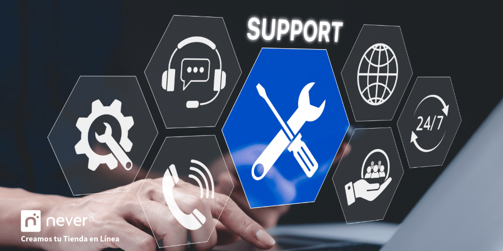 Technical support icons as tools, 24/7 communication and global attention, representing the benefits of having a comprehensive support for Magento.