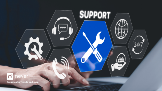 Technical support icons as tools, 24/7 communication and global attention, representing the benefits of having a comprehensive support for Magento.