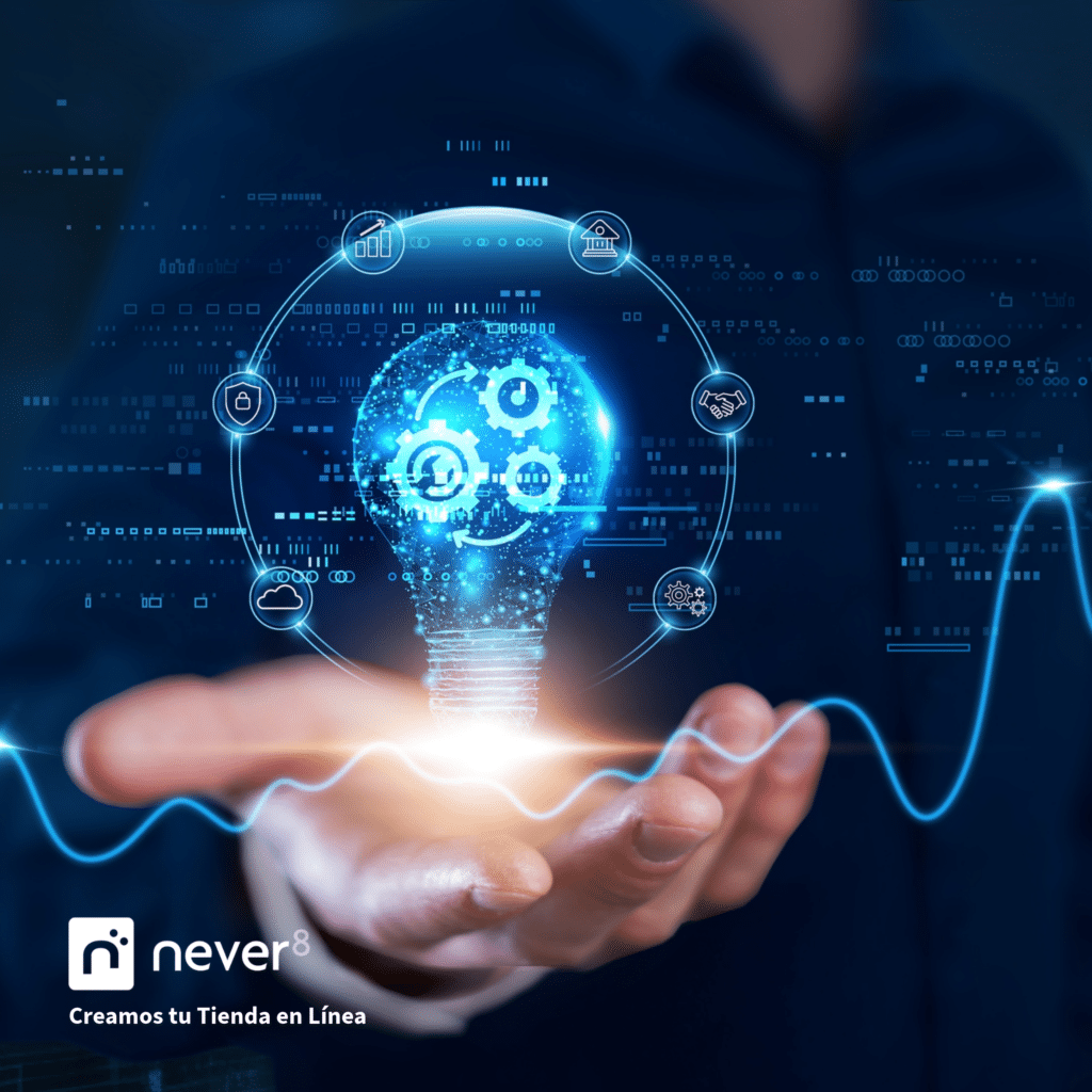 Hand holding a light bulb with digital gears and graphics, representing performance optimization in online stores for a smooth and fast experience.