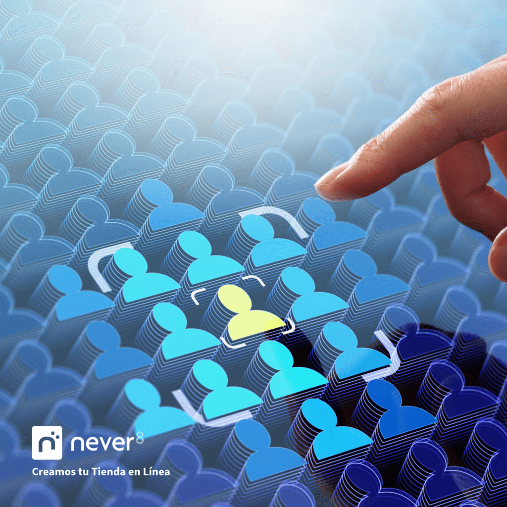 Finger selecting a yellow icon among a group of blue figures, symbolizing the customization and adaptation of solutions for online stores.